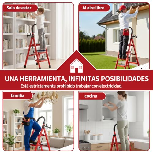 Escalera Plegable para Casa,Escalera Plegable de 3 Peldaños,Diseño de Cierre de Seguridad,Patas y Pasamanos Antideslizantes,Escalera Plegable de Peldaños,para Hogar,Garaje,Interior y Exterior-Rojo