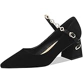 TinaCus Women's Suede Leather Handmade Comfortable Mid Chunky Heel Pointed Toe Graceful Mary Jane Pump Shoes with Buckle (Black, US7.5)