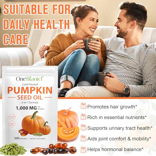 300PCS Pumpkins Seed Oil Capsules,Pumpkin&Seed Oil 2 in 1 for Hair Growth, Cold Pressed, Supports Hair, Heart, Skin Supplement,Pumpkins Seed Extract Powder,PumpkinSeed Herbal Supplement