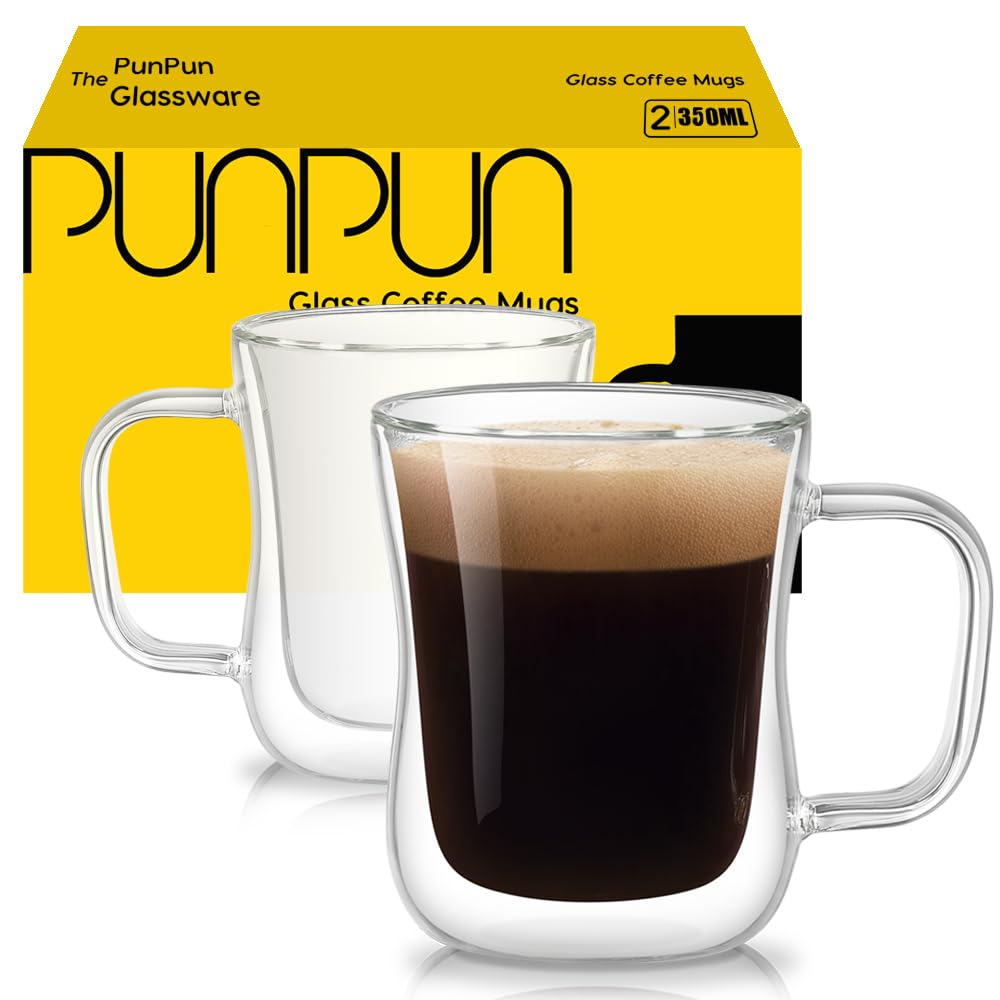 PunPun Clear Glass Mugs, Insulated Double Wall Glasses 12oz. Thermal Glass Clear Cups, Insulated Espresso Cups Hand Made Coffee Mug. (350ml / Set of 2)