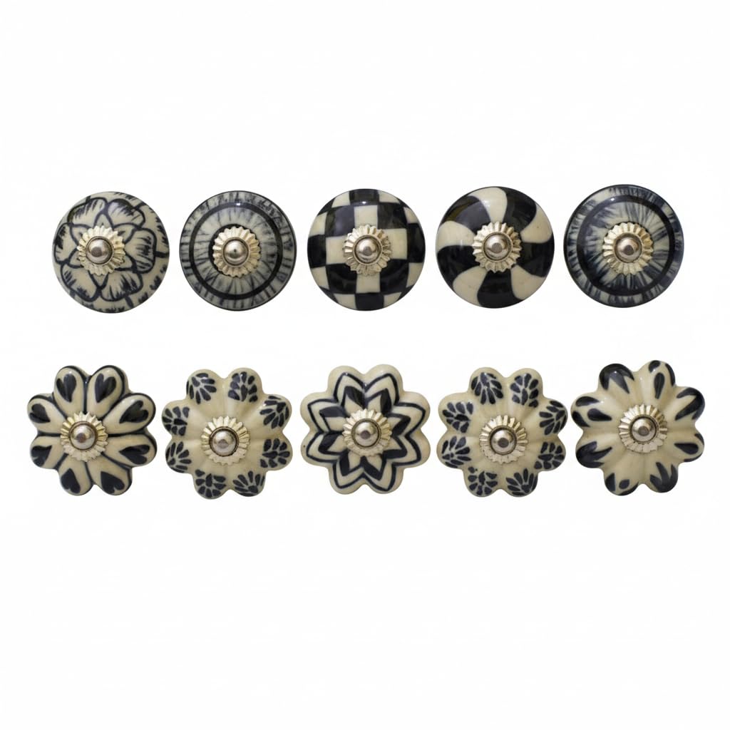 ARTISNO Ceramic Black and White Knobs Kitchen Cabinet Drawer Knobs Hardware Knobs Handmade Knobs Cabinet Knobs Ceramic Door Knobs. Set of 10 (Design b)