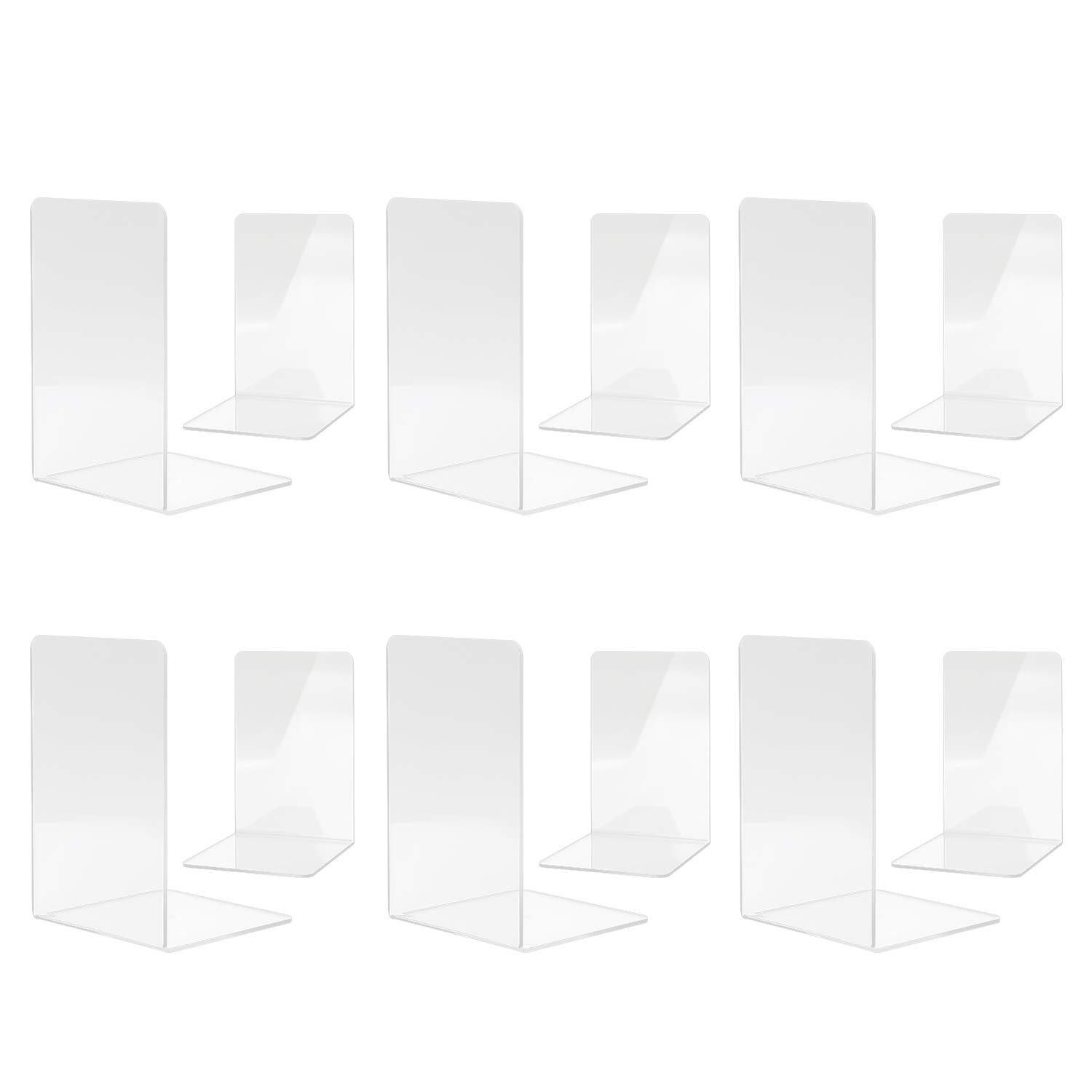 MSDADA 6 Pairs Clear Acrylic Bookends - Anti-Slip Book Organizer, Holder, Storage for Bedroom, Desktop, School, Library, Office Supplies, Shelf Dividers