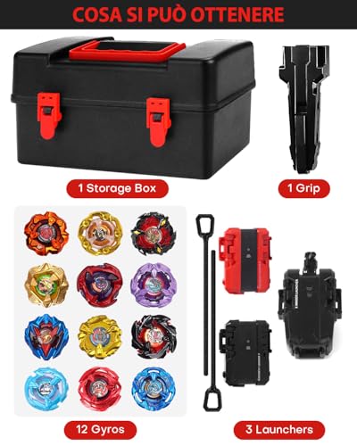 X Box Top Battle Set Battle Spinner Set, 12 Burst Spinners 3 Launchers 1 Handle, Kids Toys, Ideal Birthday Gift for Kids Age 6 (X4-12PCS)