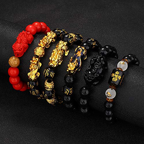 LOLIAS 6 PCS Feng Shui Black Obsidian Wealth Bracelet Pi Xiu Amulet