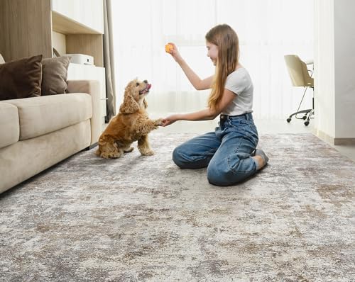 UERMEI 8x10 Area Rug Living Room Rugs - Washable Neutral Modern Abstract Soft Thin Large Rug Indoor Floor Non Slip Rug Carpet for Bedroom Under Dining Table Home Office Decor - Brown Grey