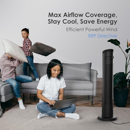 Oraimo 40" Silent Tower Fan with Remote Control 10m, 50W Powerful DC Brushless Motor, 4 Speeds,3 Wind Modes,12H Timer, 90° Oscillation, LED Display, Fan Standing for Bedroom Home Office
