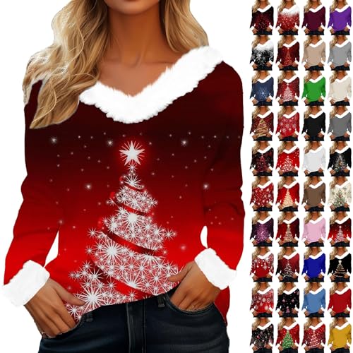 Christmas Jumpers For Women Plush Collar Cuffs Round Neck Sweaters Fashion V Neck Christmas Sweatshirt For Women Xmas Tree Print Pullover Sweaters Loose Fit Casual Tunic Tops Winter Warm Xmas Jumpers
