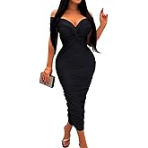 BEAGIMEG Women's Sexy Elegant Bodycon Sleeveless Ruched Off Shoulder Night Party Cocktail Midi Dress