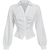 SweatyRocks Women's Ruched Button Down Shirts Lantern Long Sleeve Collered Dressy Blouses