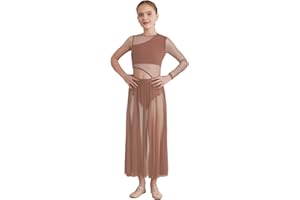 JIZYO Kids Girls Lyrical Dress Maxi Skirted Leotard Asymmetrical Long Sleeve Modern Contemporary Dance Costume