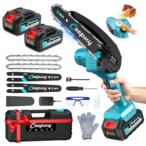 Mini Akku Kettensäge 6 Zoll mit 2x 4000 mAh Akku, 880 W Reinkupfermotor, Sicherheitsverriegelung – Elektrische Handkettensäge für Garten, Äste und Hol