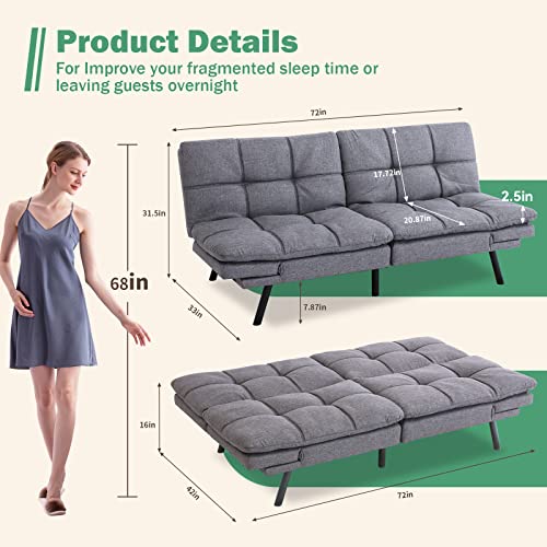 Hcore Convertible Futon Sofa BedGrey Fabric Memory Foam Loveseat,Small