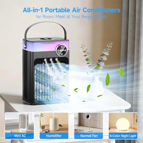 Portable Air Conditioners, Upgraded 4 in 1 Evaporative Air Cooler with 1200ML Tank, Queit Cooling Fan with Remote Control, 2-8H Timer, 3 Modes & 8 Lights, Personal AC Unit for Bedroom and Camping