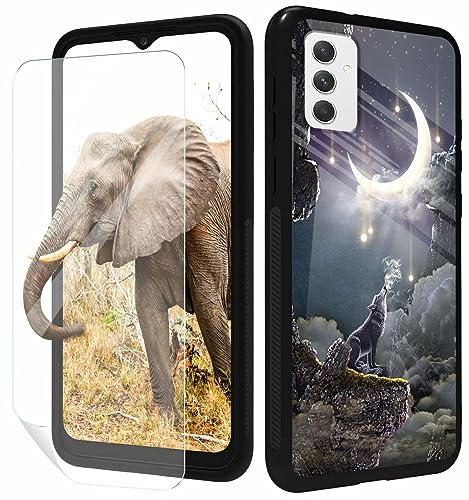 GFRGTFHYT for Samsung Galaxy A14 5G Phone Case with Screen Protector Slim Tempered Glass Black Cover Art Wolf Moon Design for Women Wen Shock-Proof Protective Case for Samsung Galaxy A14 5G 2023