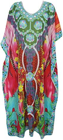 Mogul Interior Womens Kimono Kaftan Dresses Georgettina Digital Print Sexy Bikini Beach Cover up Caftan Free Size