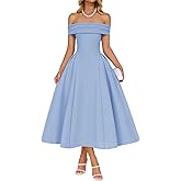 ZESICA Summer Cocktail Dresses for Women's Elegant Off Shoulder Short Sleeve Swing A Line Wedding Evening Party Midi Dress