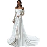 SyZRxyLe Long Sleeves Wedding Dresses for Bride 2025 Beach Boho Lace Chiffon Satin Bridal Dress for Wedding
