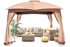 FAB BASED 10x12 Gazebo for Patio, Double Vent Canopy Gazebo with Privacy Netting Screen, Outdoor Heavy Duty Steel Patio Gazebo, Waterproof and Portable Gazebo for Deck Backyard Lawn and Garden (Khaki)