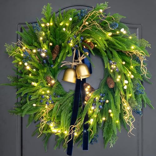 Photo 1 of 24 Inch Pre- Norfolk Pine Christmas Wreath for Front Door, Artificial Plants Green Christmas Wreath with Lights, Velvet Ribbon, Natural Berries, Pinecones and Bells, Lighted Door Wreath