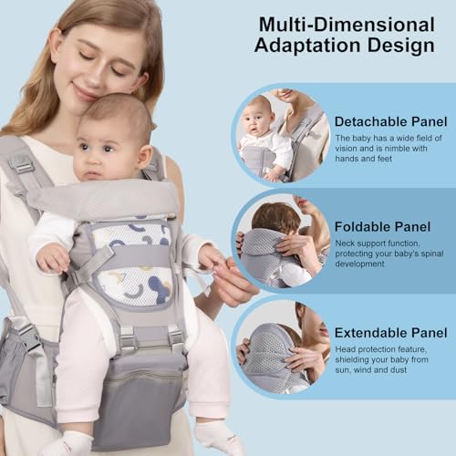 STANEW Baby Carrier Hip Seat & Head Hood, Breathable Detachable Infant Carrier, Adjustable Shoulder Straps, Waist Size up to 120cm for 0-48 Months Baby, Max Load 25kg