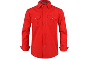 Spring&Gege Boys' Long Sleeve Button Down Shirt for Kids Woven Solid Two Pockets