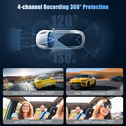 Inefala 360°Car Dashcam 4 Channels, Dash CAM 1080P Front and Rear Left Right with 64GB SD Card, G-Sensor Car Camera Loop Recording Night Vision