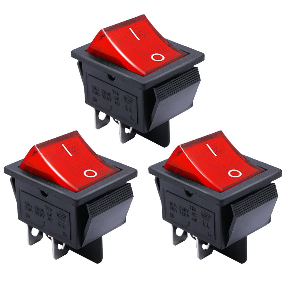 mxuteuk 3pcs AC 220V Red Light Illuminated Snap-in Boat Rocker Switch Toggle Power DPST ON-Off 4Pin 2Position AC 250V 6A 125V 10A KCD4 Switch, Use for Car Auto Boat Household Appliances MXU2-201NR
