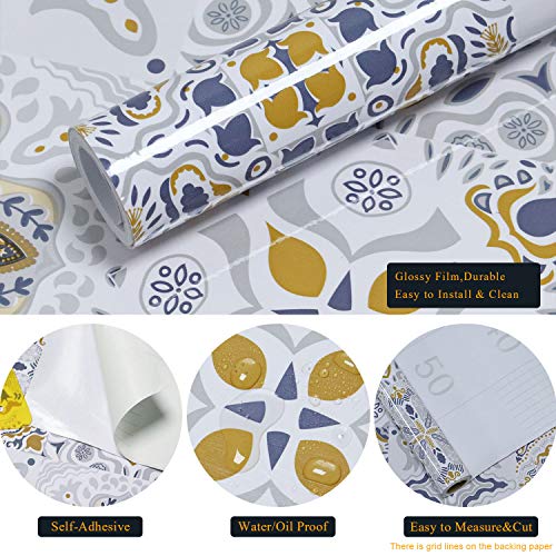 HeloHo Thicken Glossy Tile Peel and Stick Wallpaper Self Adhesive Pattern Contact Paper Removable Wallpaper Waterproof Vinyl Film Roll Kitchen Backsplash Bathroom Wall DIY Decorative 17.3\