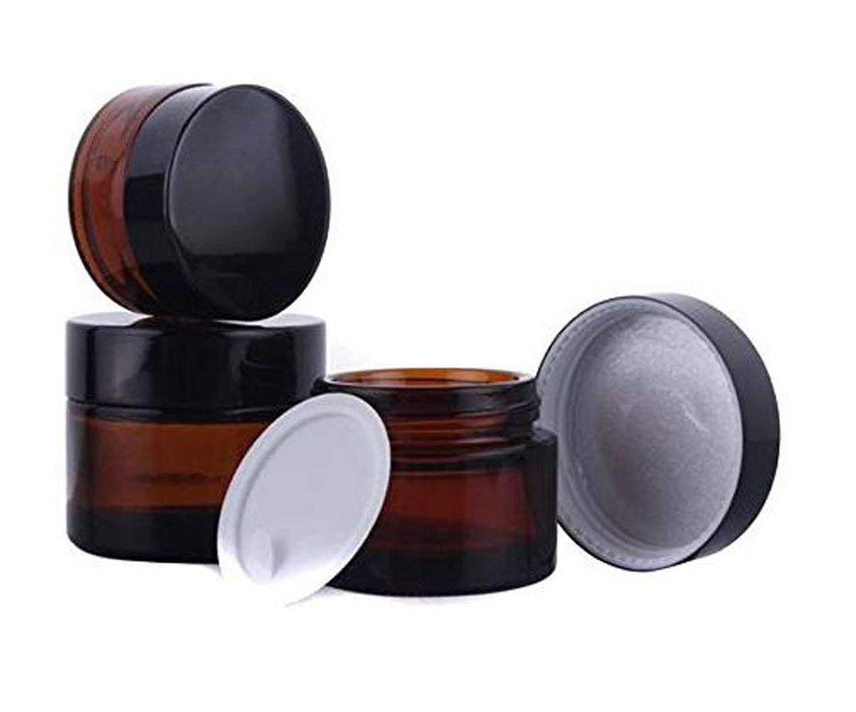 3 Pcs Amber Glass Jars Refillable Cosmetic Sample Bottles Jar Empty Face Cream Lip Balm Lotion Essential Oils Storage Container Pot Bottle with Inner Liners and Black Lids (20ml)
