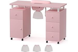 ABTSalon Nail Desk for Nail Tech Manicure Desk with Fan Pink Nail Table Acetone Resistant Nail Tech Table with Wheels Drawers (Electric Pink)