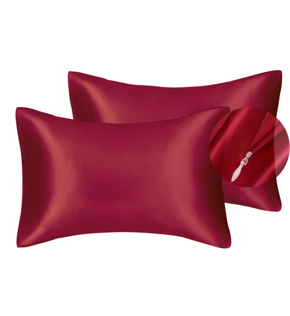 Photo 1 of JUWENIN,Luxury Satin Pillowcase with Zipper (Silky Satin Pillow Case for Hair) Set of 2 (King, Burgundy)