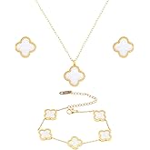POWEROSE 18k Gold Four Leaf Bracelets for Women, Necklace Pendant, Earrings,White Link Bracelet Exquisite Clover Jewelry Sets for Women Valentines Day Gifts