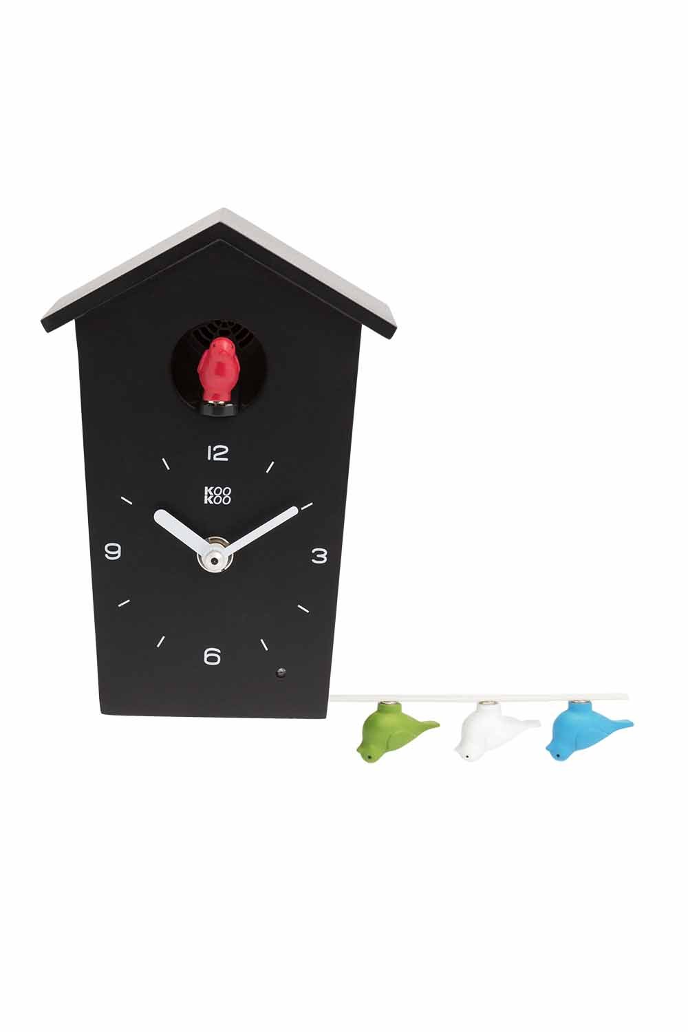 KOOKOO BirdHouse mini black, tiny modern cuckoo clock w. 12 natural bird voices or cuckoo call