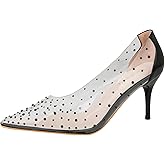 EGEBS Women's Rhinestones Clear Leather Stiletto Pumps Fashion Comfort Closed Pointed Toe Slip On High Heels Sandals for Party Prom Date Dress Shoes