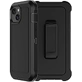 RubCase for iPhone 15 Case 6.1” with Belt Clip Holster, 2X Screen Protector, Heavy Duty Military Grade Full Body Shockproof Dust-Proof Drop Proof Rugged Protective Cover for iPhone 15 (Black)