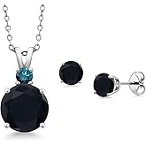Gem Stone King 925 Sterling Silver Round Black Onyx and Blue Diamond Pendant and Earrings Jewelry Set For Women (4.10 Cttw, Gemstone Birthstone, with 18 Inch Chain)
