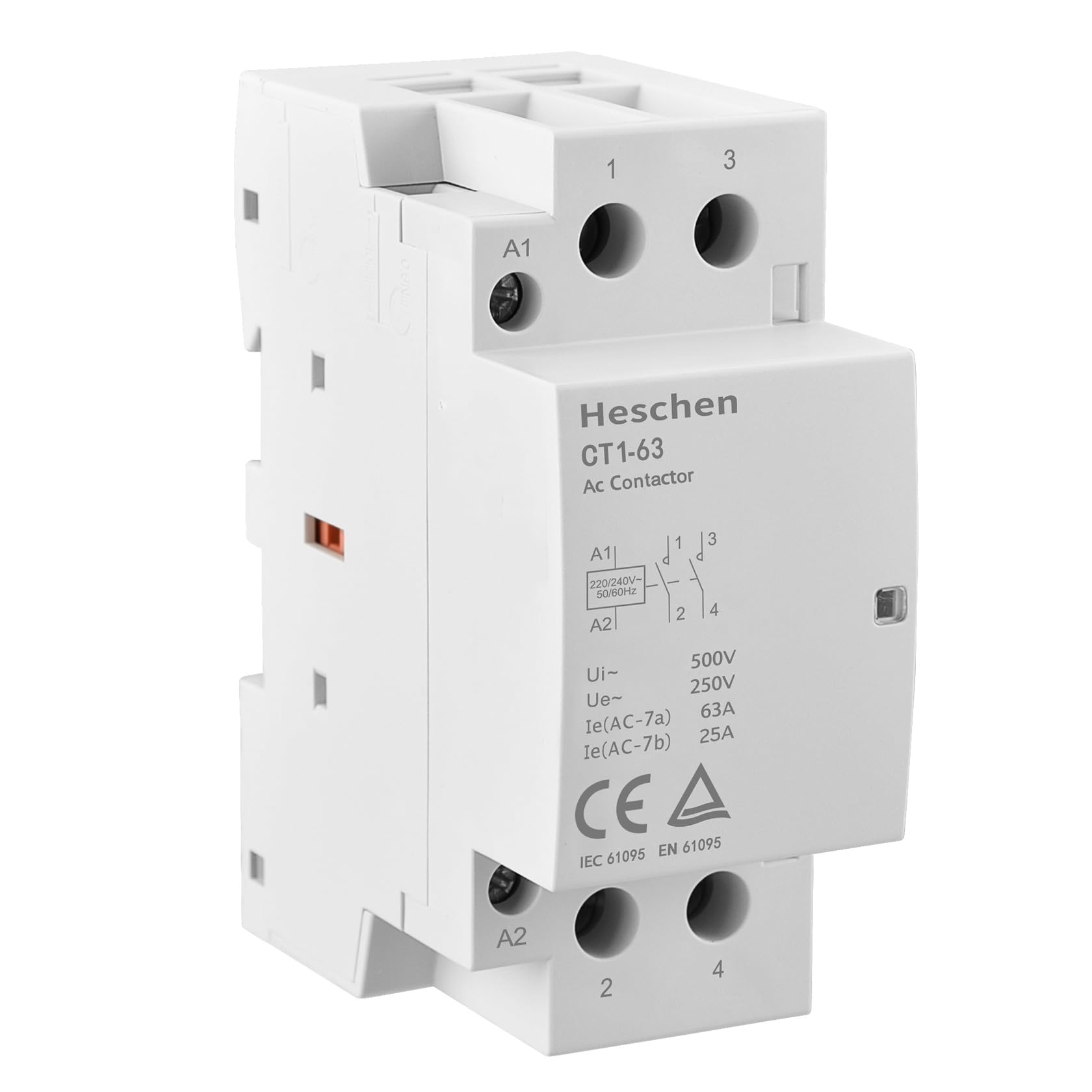 Heschen Household AC Contactor, CT1-63, 2 Pole Two Normally Open, AC 220V/240V Coil Voltage, 35 mm DIN Rail Mount