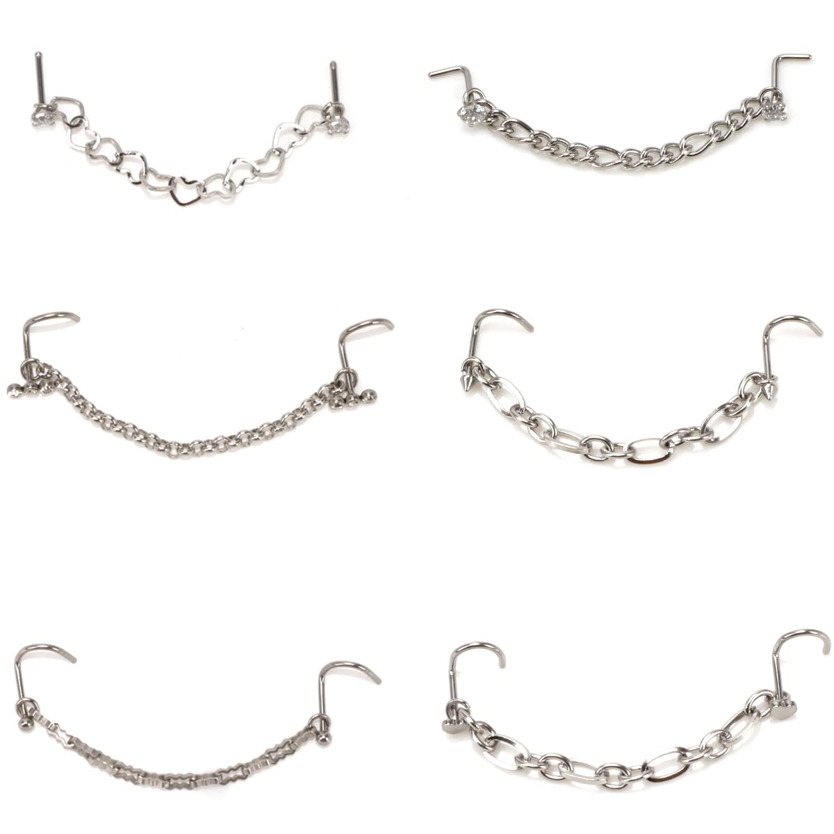 VANANA 20G Nose Chains - Set of 6 Stainless Steel Studs, Hoops and Screws - CZ Nose Piercing Jewelry for Women and Men