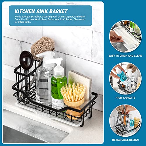 COCOBOSS Sink Caddy Kitchen Sink Organizer, Sponge Holder for Kitchen Sink Premium Stainless Steel Rustproof with Removable Drip Tray and Anti-Slip Bar - Black(8.5 x 3.6 x 4.9 in)