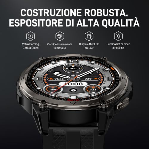 KOSPET ORB 2 Smartwatch uomo Rugged, GPS Dual-band, Impermeabile IP69&5ATM | Batteria da 500mAh, Torcia LED Integrata, 170+ Modalità Sportive, Monitor della Salute, Compatibile con Android & iPhone Nero