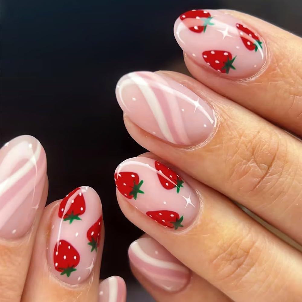 Cute Pink Press on Nails Short Oval Acrylic Fake Nails Sweet Strawberry False Nails with Stripes Design Glossy Artificial Glue on Nails Full Cover Stick on Nails for Women and Girls 24 Pcs