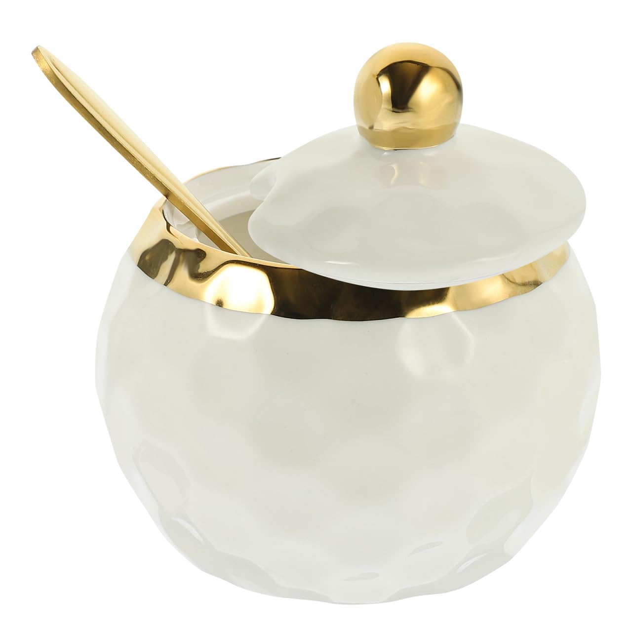 Alipis Ceramic Sugar Bowl with Lid and Spoon, Decorative Porcelain Condiment Jar, Golden and White, 320ML
