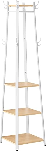 VASAGLE Coat Stand 8 Double Hooks 4 Shelves Metal Frame Oak White LCR080W09