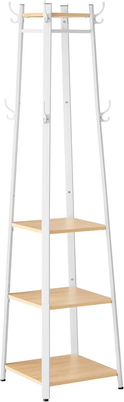 VASAGLE Coat Stand 8 Double Hooks 4 Shelves Metal Frame Oak White LCR080W09