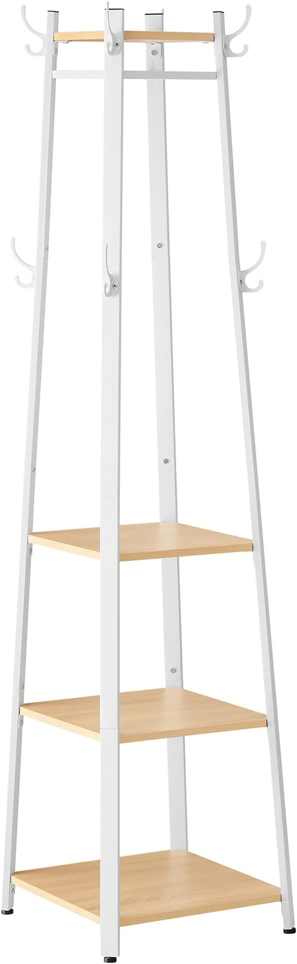VASAGLE Coat Stand 8 Double Hooks 4 Shelves Metal Frame Oak White LCR080W09