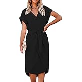 CUPSHE Midi Dress for Women 2025 V Neck Short Sleeves Knotted Pockets Tunic Waist Spring Casual Dress