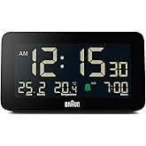 Braun Digital Alarm Clock with Date, Month and Temperature Displayed, Negative LCD Display, Quick Set, Crescendo Beep Alarm in Black, Model BC10B (1-Pack)