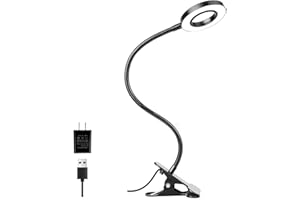 Woputne Desk Clip on Lamp for Reading Home Office, with 5V 2A Adapter, 10 Dimmable Brightness 3 Modes, Clamp Reading Light for Bed Headboard, Craft (Black)…