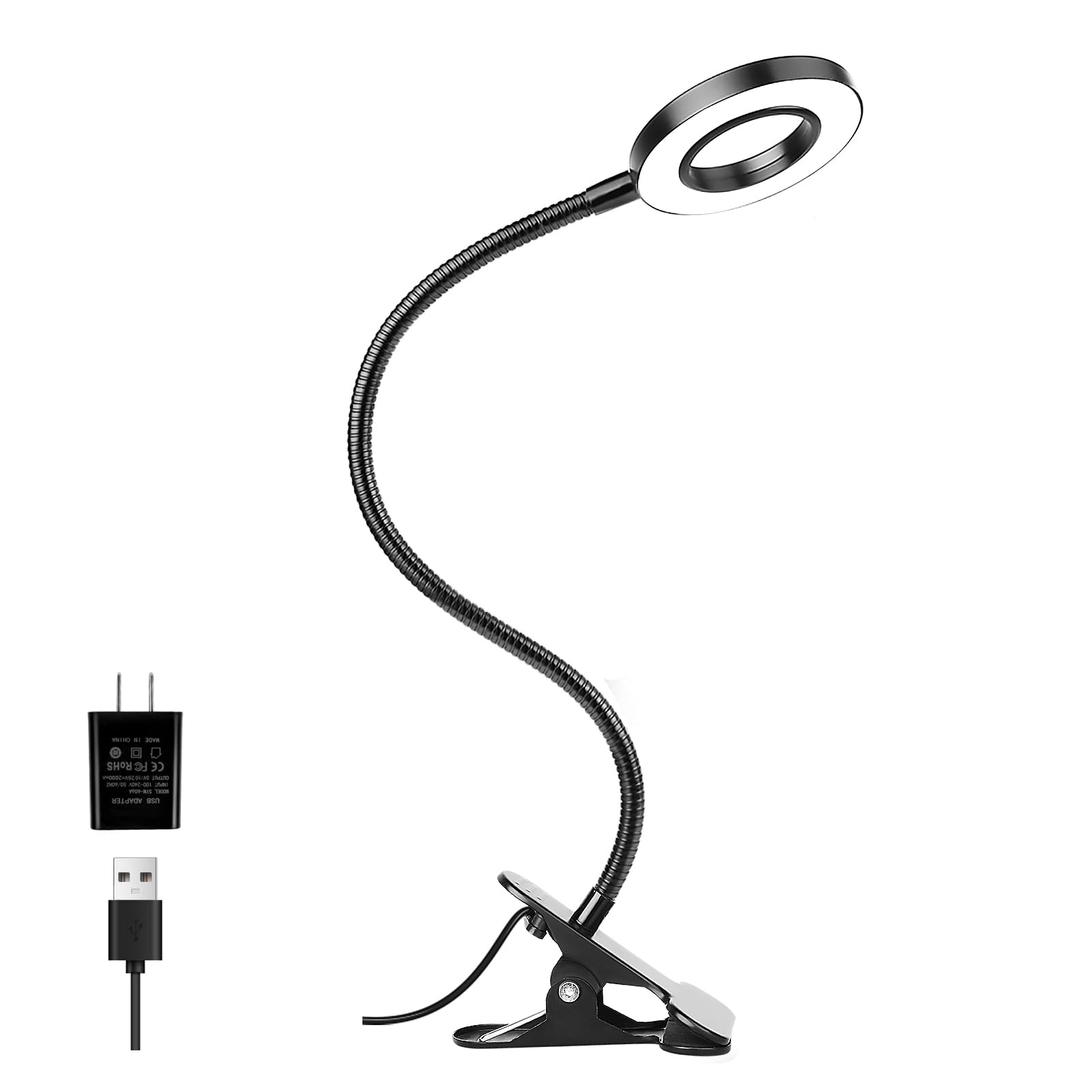 Photo 1 of Woputne Desk Clip on Lamp for Reading Home Office, with 5V 2A Adapter, 10 Dimmable Brightness 3 Modes, Clamp Reading Light for Bed Headboard, Craft (Black)…