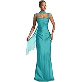 ouhati Satin Bridesmaid Dresses with Scarf Mermaid Spaghetti Straps Square Neck Pleated Long Prom Formal Dress